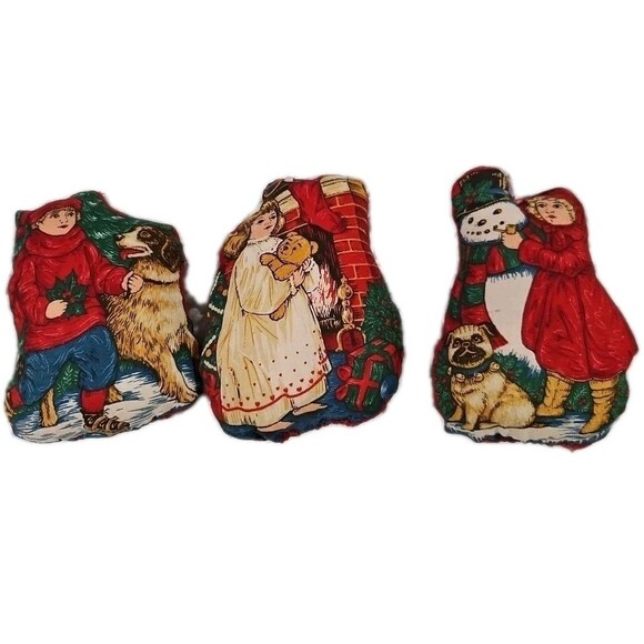 Set Of 3 Handmade Christmas Quilted Stuffed Ornaments Vintage Dog Snowman Teddy - Picture 2 of 8